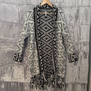Willow & Clay Cardigan Sweater Size S Black Fringed Boho Long Line Thick Chunky